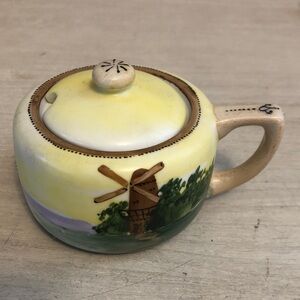 Vintage Nippon Hand Painted Porcelain Sugar Bowl Windmill Scene Moriage Pls Read